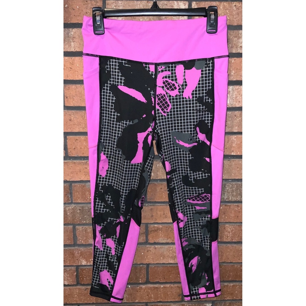 Rise‎ by LuLaRoe Womens Large Pink Black Grid Floral Mesh Pocket Leggings Active